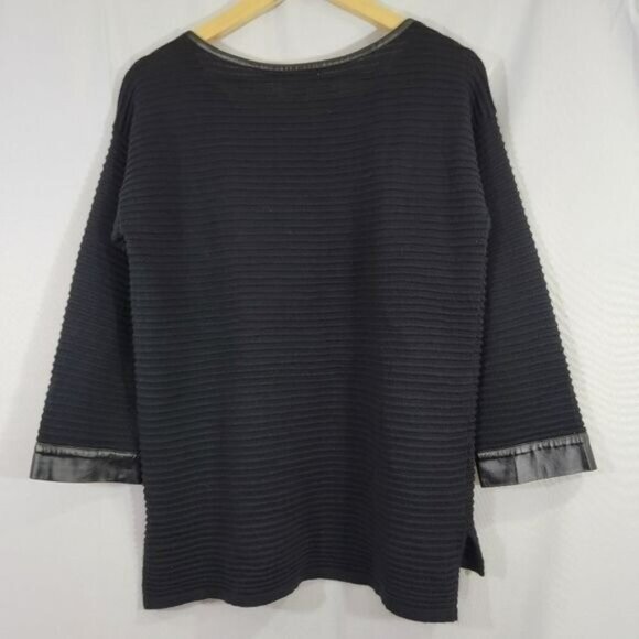 Calvin‎ Klein Shirt Wool Blend Ribbed Top Black Faux Leather Trim Womens Small - Picture 4 of 8